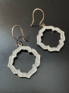 Silver Gold Vermeil Diamond Pavé Drop Earrings - Scalloped Halo - Two-Tone